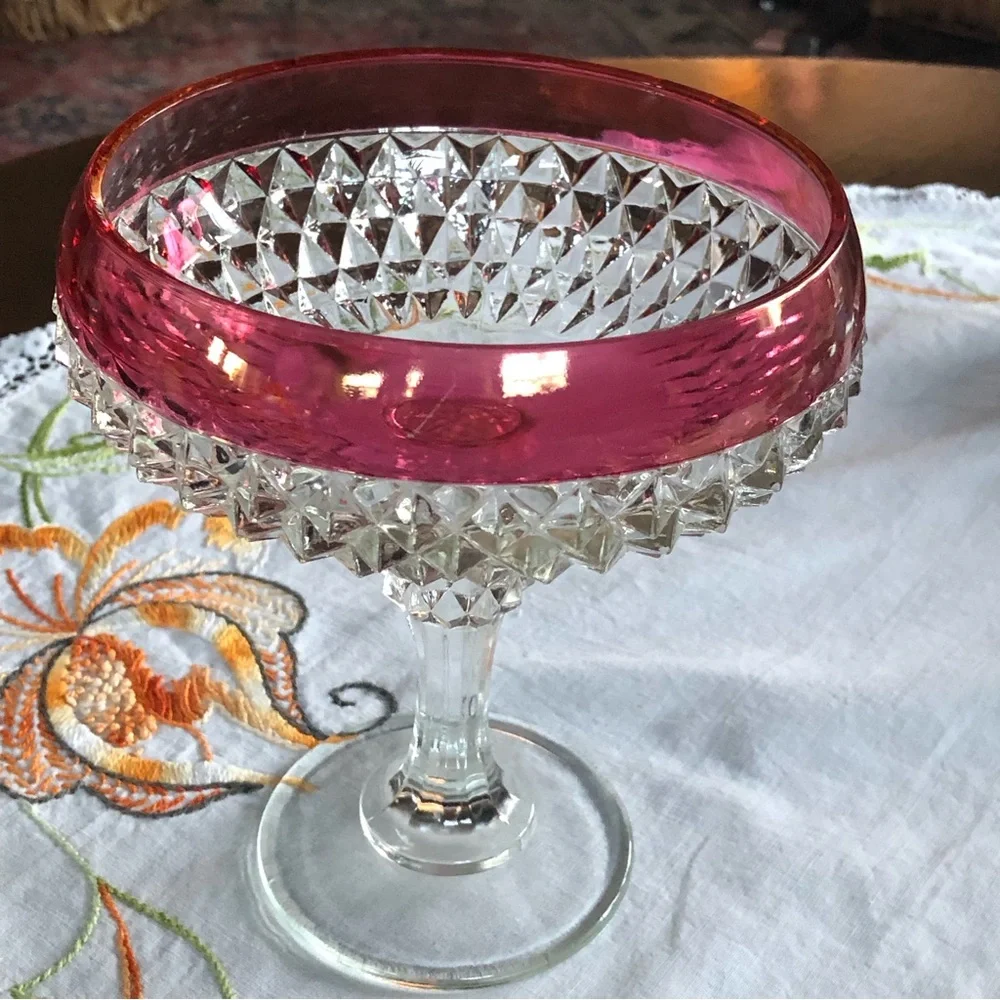 Vintage Indiana Glass Diamond Cut Pedestal Compote Dish. Ruby Flashing. 7.5